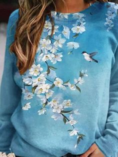 Blue Floral Bird Printed Long Sleeve Casual Shift Sweatshirt Tops Light Blue Printed Long Sleeve Tops, Light Blue Long Sleeve Printed Tops, Fall Floral Print Light Blue Top, Fall Light Blue Floral Print Top, Spring Blue Graphic Print Sweater, Blue Graphic Print Spring Sweater, Blue Graphic Print Sweater For Spring, Printed Crew Neck Sweater For Spring, Casual Printed Sweater For Spring