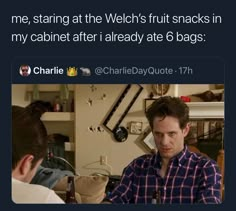 a man sitting at a table with a beer in front of him and the caption reads, me staring at the wechs fruit snacks in my cabinet after i already ate 6 bags