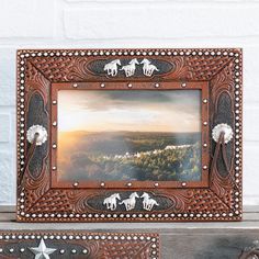 two framed pictures with horses on them sitting next to each other