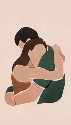 an abstract painting of two people hugging each other