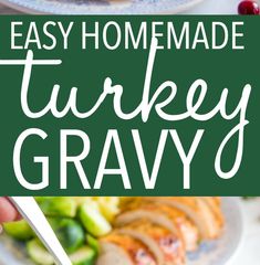 the turkey gravy is served on a plate with cranberries and brussel sprouts