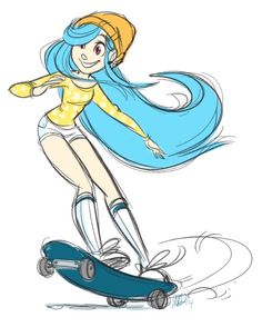 a drawing of a girl on a skateboard with blue hair and yellow top, wearing headphones