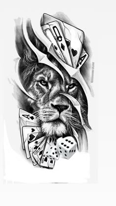 a black and white drawing of a lion wearing a hat with playing cards on it