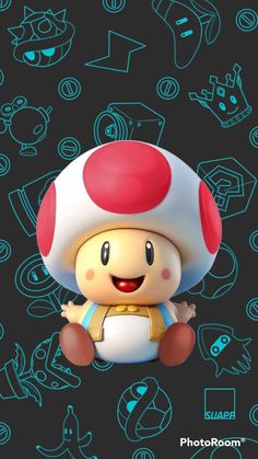 an image of a mushroom character with many different faces on it's back ground