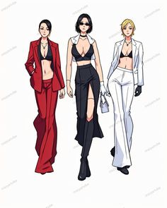 three women in different outfits walking down the runway, one is wearing a red suit