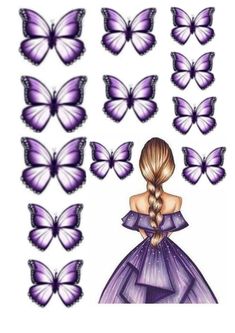 a girl in a purple dress surrounded by many butterflies on the back of her head