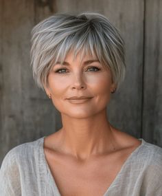 Short crop hairstyle with bangs for women over 50 Short Hair With Bangs For Fine Hair, Messy Pixie Bob, Bangs For Women Over 50, Hairstyle With Bangs, Short Cropped Hair, Chic Short Haircuts, Best Short Hairstyles, Haircut For Fine Hair, Short Silver Hair