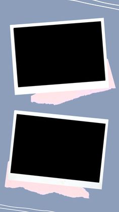 two black and white polaroid frames on a light blue background with pink strips around them