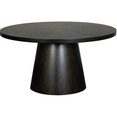 a round table with black wood grained finish on the top and an oval shaped base