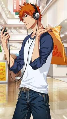 an anime character with headphones on holding a cell phone in his hand and listening to music