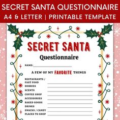 the secret santa question sheet is shown in red and green with holly decorations on it