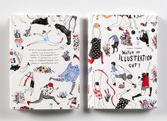 two notebooks with illustrations on them sitting next to each other in front of a white background