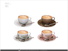 four coffee cups and saucers with spoons on them, all in different designs