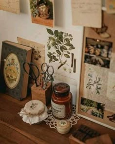 a wooden table topped with lots of items