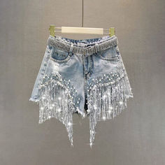 Gothic Punk Fringe Denim Shorts - Vedlit Beaded Denim, Street Model, Tassel Shorts, Baby Tees Y2k, Y2k Baby Tee, Denim Patterns, Gothic Punk, 90s Grunge, Ripped Denim