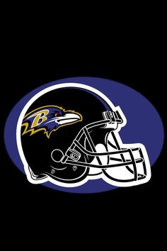 the baltimore ravens helmet is shown on a black background with blue and white stripes in the center