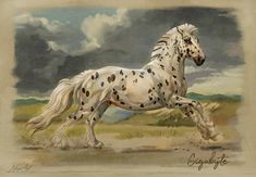 a painting of a white horse with black spots on it's face and tail