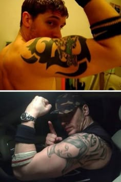 two pictures one showing a man with tattoos and the other shows his arm tattoo