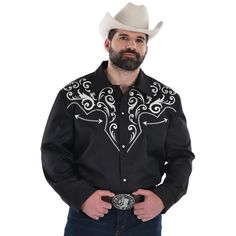 Dress up in your finest for the Halloween costume contest or western-themed party! This long-sleeve shirt for adults makes you look like a true cowboy. The shirt is black with white embroidery-look printed details on the collar shirt body and sleeves. To finish the authentic styling the shirt closes with pearl-look snaps. pbBlack Western Plus Size Cowboy Shirt product details:-b-p ul liSlim-fit cut-li liPrinted embroidery-look details-li liFaux pearl front snaps-li li100% polyester exclusive of decoration-li liDoes not include hat belt pants or boots-li liReview size chart for sizing information-li -ul pbCare Instructions:-b-p ul liHand wash cold with like colors-li liLine dry-li liDo not bleach or iron-li -ul Cowboy Shirt Pattern, Black Long Sleeve Western Shirt, Western Style Long Sleeve Shirt For Western-themed Events, Western Style Black Long Sleeve Tops, Black Long Sleeve Top For Rodeo, Western Black Shirt For Ranch, Western Style Black Shirt For Ranch, Black Long Sleeve Tops For Western-themed Events, Black Western-style Shirt For Western-themed Events