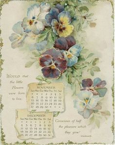 a calendar with pansies and flowers on it