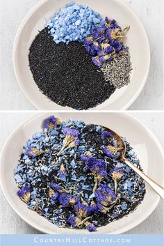 How to make calming DIY blue lavender bath salts for relaxation and stress relief. Made with natural organic ingredients like black salt, Himalayan salt, coconut oil and essential oil scented. A relaxing activated charcoal bath is great for detox and cleansing, sinus and sore muscles. Suitable for kids and men. Includes packaging/container tips and printable labels for holiday gifts, wedding favors, Christmas or Mothers Day. #diybathsalts #lavender #bathsoak #diy #gift | countryhillcottage.com Diy Detox