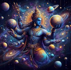 the god is surrounded by planets and stars in his body, with two hands outstretched