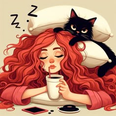 a girl with red hair and a black cat on her head is drinking from a cup