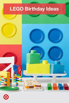 a lego birthday party with colorful plates and cake