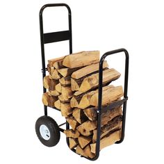 a hand truck filled with logs on top of a white background in front of a pile of wood