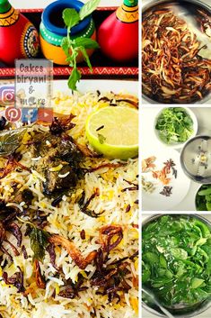 four different pictures show various food items including rice, greens and other things to eat