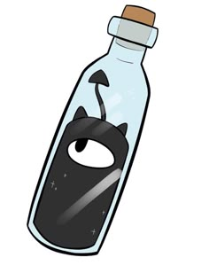 an empty glass bottle with a black cat in it's mouth and eyes drawn on the bottom