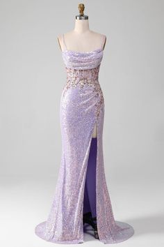 Zapakasa Women Orange Prom Dress with Corset Satin Spaghetti Straps Evening Party Dress with Slit Chrome Prom Dress, Purple Silk Prom Dress, Prom Dresses Light Purple, Violet Prom Dresses, Prom Dress With Corset, Light Purple Prom Dress, Lavender Prom Dress, Prom Dress Tight, Iridescent Prom Dress