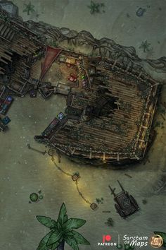 an old wooden ship in the middle of a desert with palm trees and other items around it