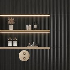 a bathroom with black walls and shelves filled with different types of personal care products on it