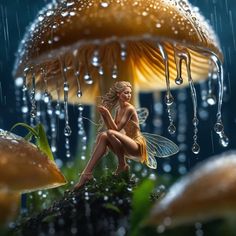 a fairy sitting on top of a mushroom in the rain with drops of water hanging from it