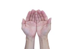 two hands reaching up into the air with their palms raised in front of white background