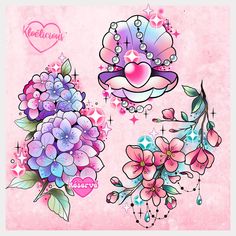 some flowers and hearts on a pink background