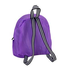 a purple backpack with black and white stripes