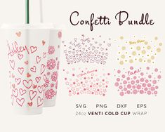 two cups with straws and hearts on them are shown in the same color scheme