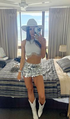 cowgirl Sequin Skirt White Cowboy Boot Festival Outfit, Space Cowgirl Festival Outfit, Festival Outfit Cowgirl, Festival Outfits Cowboy Boots, Coachella Outfit Cowgirl, Sparkly Festival Outfit, Festival Cowgirl Outfit, Spilt Milk Festival Outfit, Rave Cowgirl Outfit