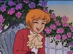 an animated image of a woman sitting in front of flowers