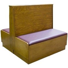 a wooden bench with purple seat padding and back rest on the bottom part of it