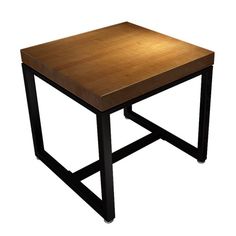 a small wooden table with black metal legs