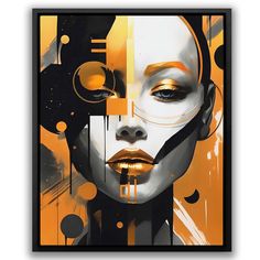 an abstract painting of a woman's face with gold and black circles around her