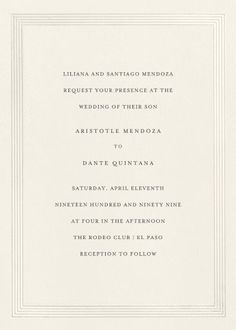 a white wedding card with an ornate border on the front and bottom, in black ink