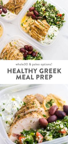 healthy greek meal prepped in plastic containers with text overlay that reads whole 30 & pale options