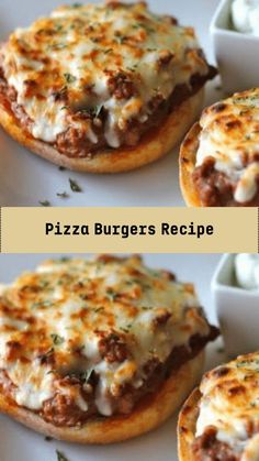 three different views of pizza burgers with cheese