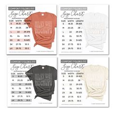 A set of 4 (four) Comfort Colors 1717 T-Shirt sizing charts for use in your digital store. Give your store listings a professional and cohesive look, while using as many listing photos as possible in your store (10 are recommended by Etsy to maximize listings). Use these professionally designed and color-matched sizing charts when you sell any of the Comfort Colors t-shirts in the colors shown. Pair them with styled flatlay mockups and add your own branding, if desired. D E T A I L S: :: 4 (four Shirt Size Chart For Vinyl, Vinyl Size Chart For Shirts, Vinyl Shirt Size Chart, Tshirt Design Size Guide, Shirt Size Chart, Store Branding, Vinyl Shirts, Sizing Chart, Design Store