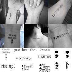 several different tattoos with words on them