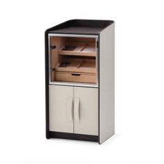 a small cabinet with two drawers on the front and one door open to reveal an electronic device